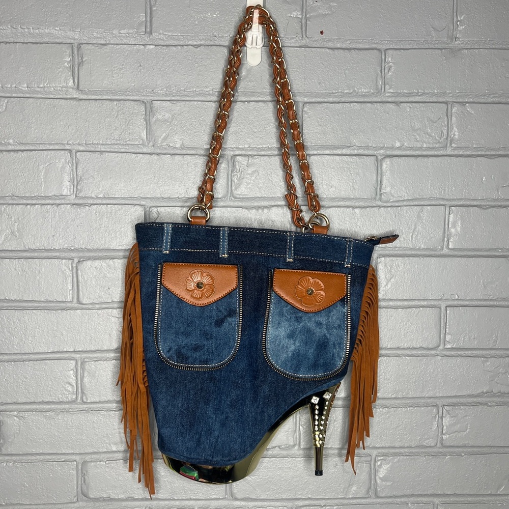 Denim & Fringe Stiletto Heel with Rhinestones Women's Handbag - Picture 8 of 16